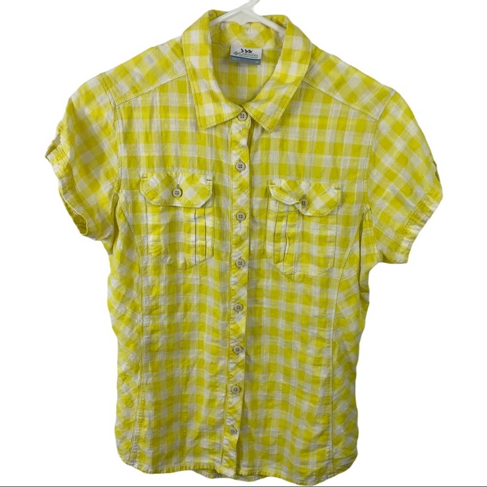 Columbia Yellow & White Check Button Front Shirt M (runs small)